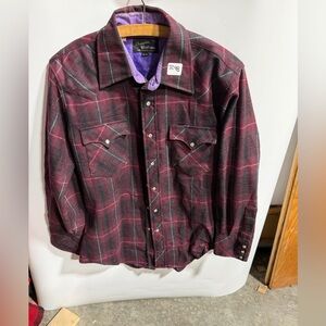 #3248-Vintage Western Plaid Snap-Front Shirt Jacket - Burgundy & Black